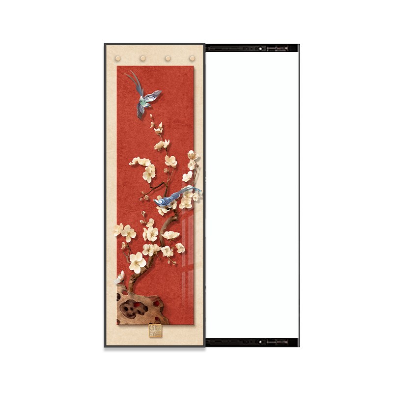 新中式暗藏式全身镜子画花鸟隐藏式推拉翻开关闭穿衣镜入户门挂画