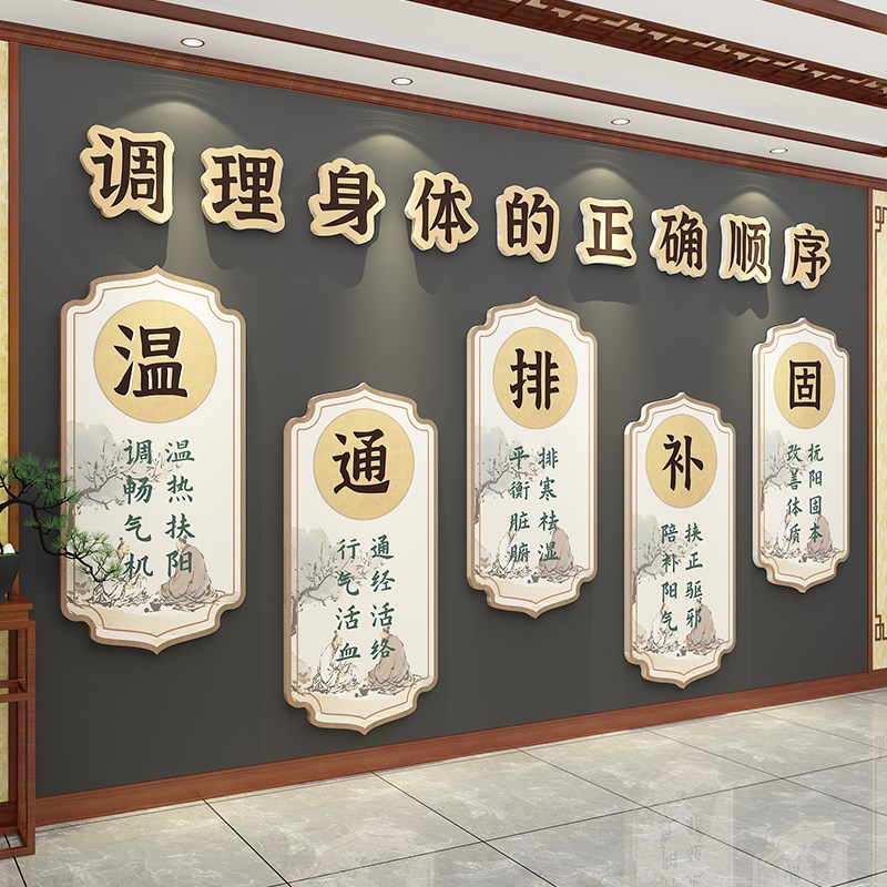 中医药材养生馆软装修饰挂画形象背景墙面文化氛围布置理疗诊所贴