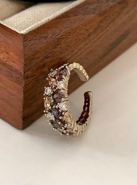 咖金戒指2025新款爆款叠戴食指戒轻奢高级感树叶爱心锆Z石开口指