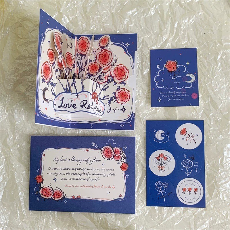 玫瑰生日贺卡3d立体卡片u高级信封创意折页花束祝福精美仪式感道