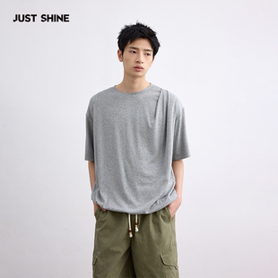 JUST SHINE/时晒收褶绵羊毛短袖t恤抗菌松弛感宽松落肩上衣简约