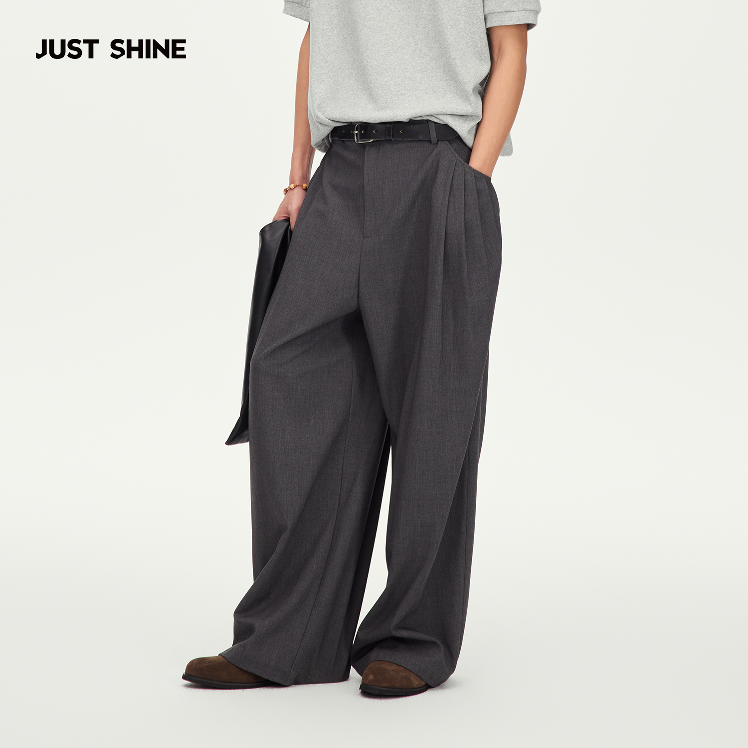 JUST SHINE/时晒前侧口袋褶阔腿裤垂坠休闲裤松弛慵懒风阔腿西裤