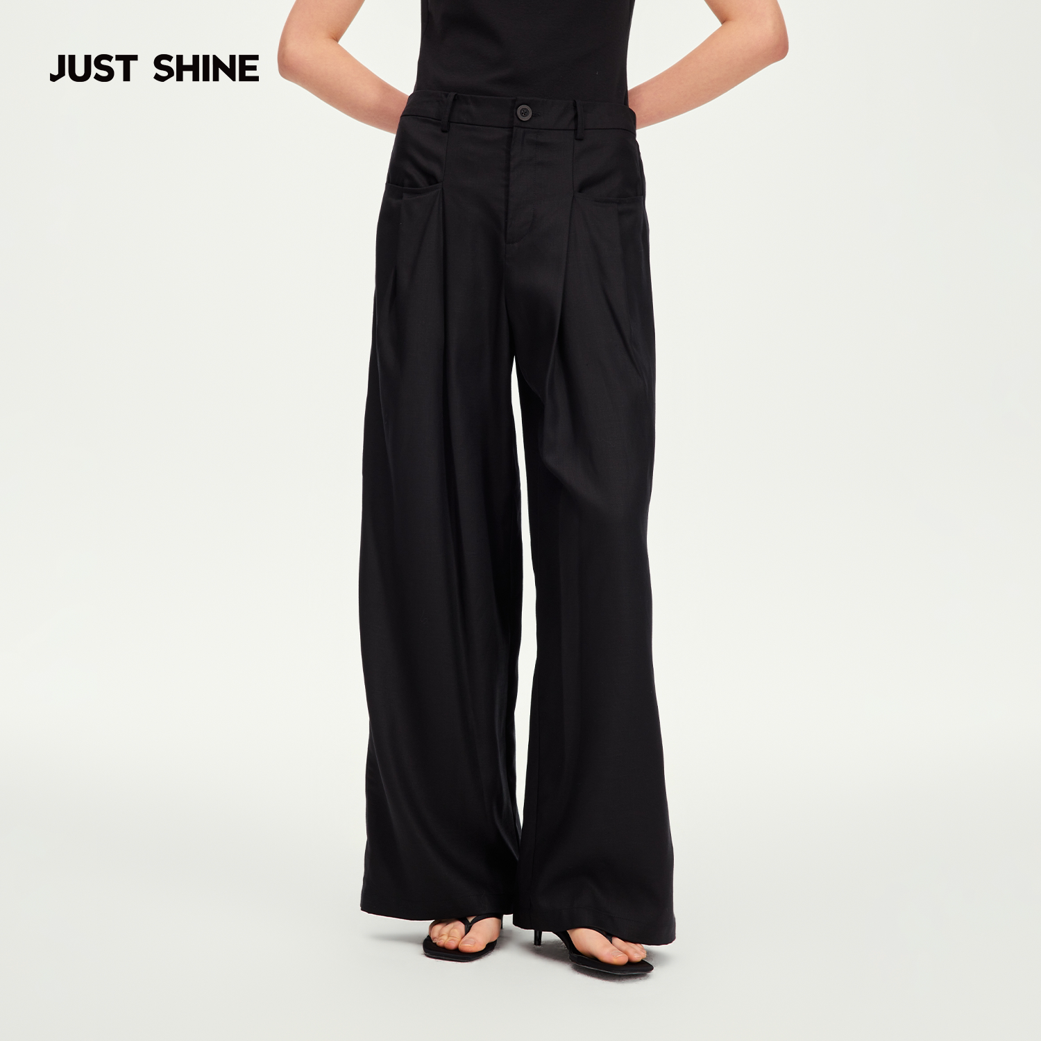 JUST SHINE/时晒极简风高腰松紧腰西裤宽松垂感显瘦百搭西装裤图片