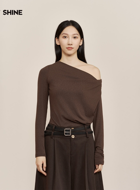 JUST SHINE/时晒早秋单肩露肩长袖上衣纯欲风修身显瘦复古打底衫