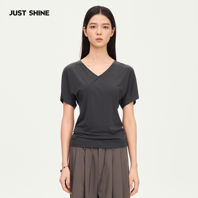 JUST SHINE/时晒V领交叉收腰T恤不规则斜襟设计显瘦通勤基础上衣