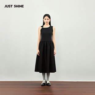 JUST SHINE/时晒极简气质小黑裙显瘦吊带连衣裙束带收腰长裙子
