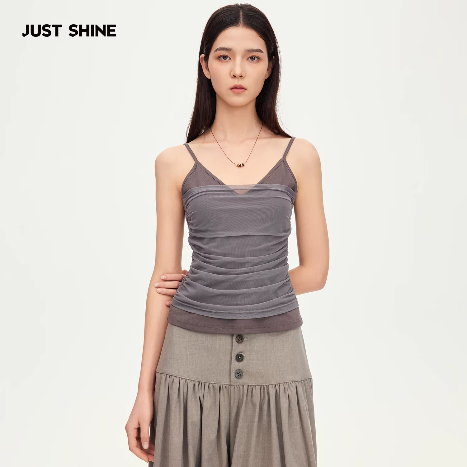 JUST SHINE/时晒新款网纱抽褶吊带女V领撞色修身显瘦休闲辣妹上衣