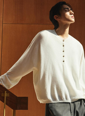 JUST SHINE 亨利领毛织基础T恤衫 宽松春秋季慵懒风休闲长袖上衣