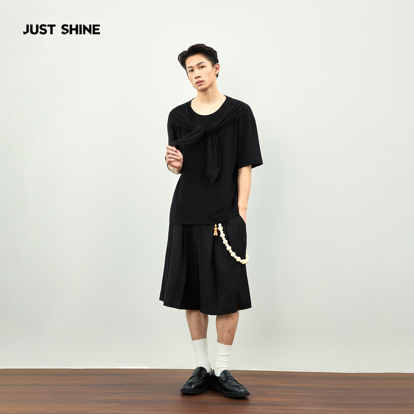 五分裤双腰头拼接中裤