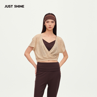 JUST SHINE/时晒轻熟优雅风V领针织开衫女短袖收腰修身气质上衣