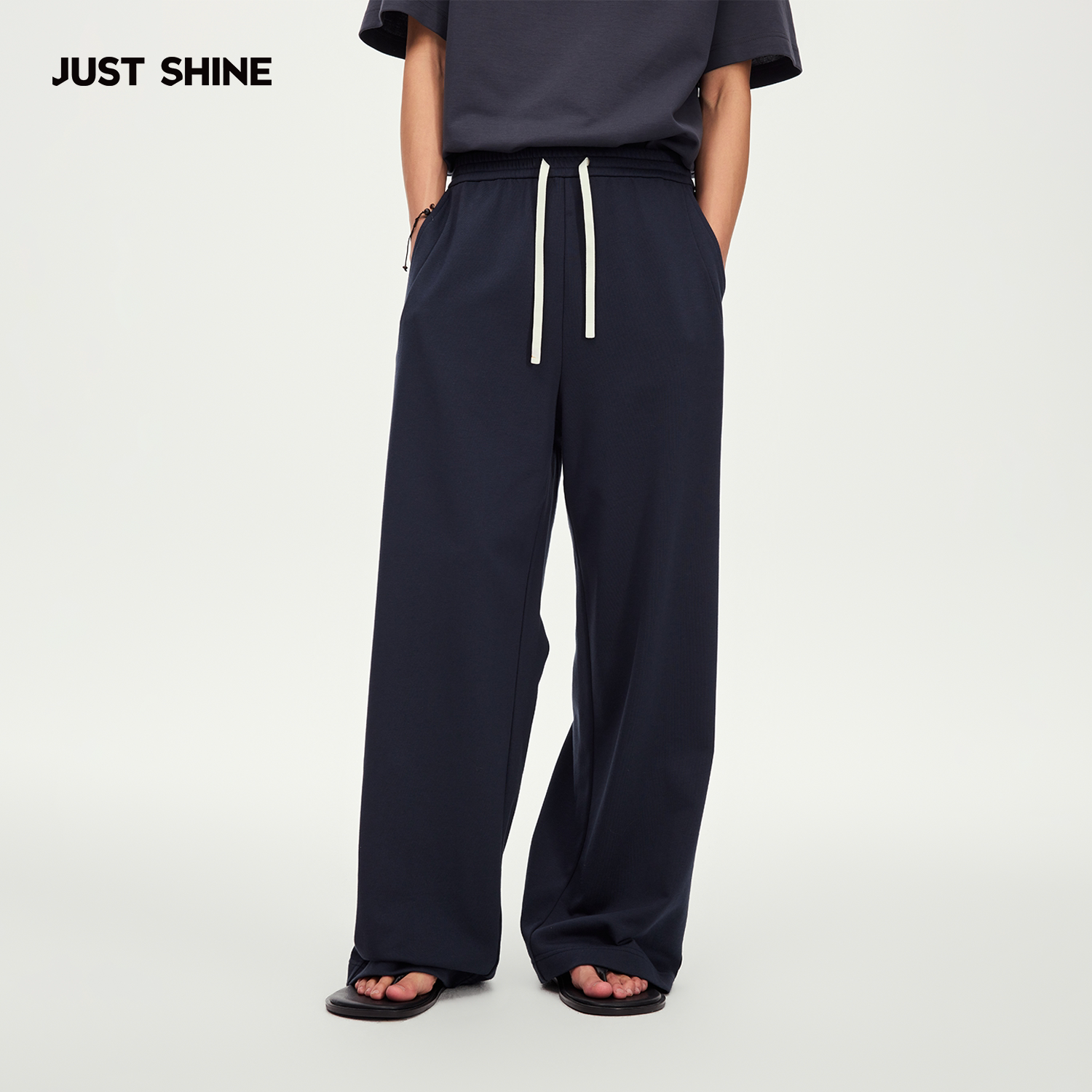 JUST SHINE/时晒纯色基础款居家卫裤男阔腿宽松透气慵懒风休闲裤图片