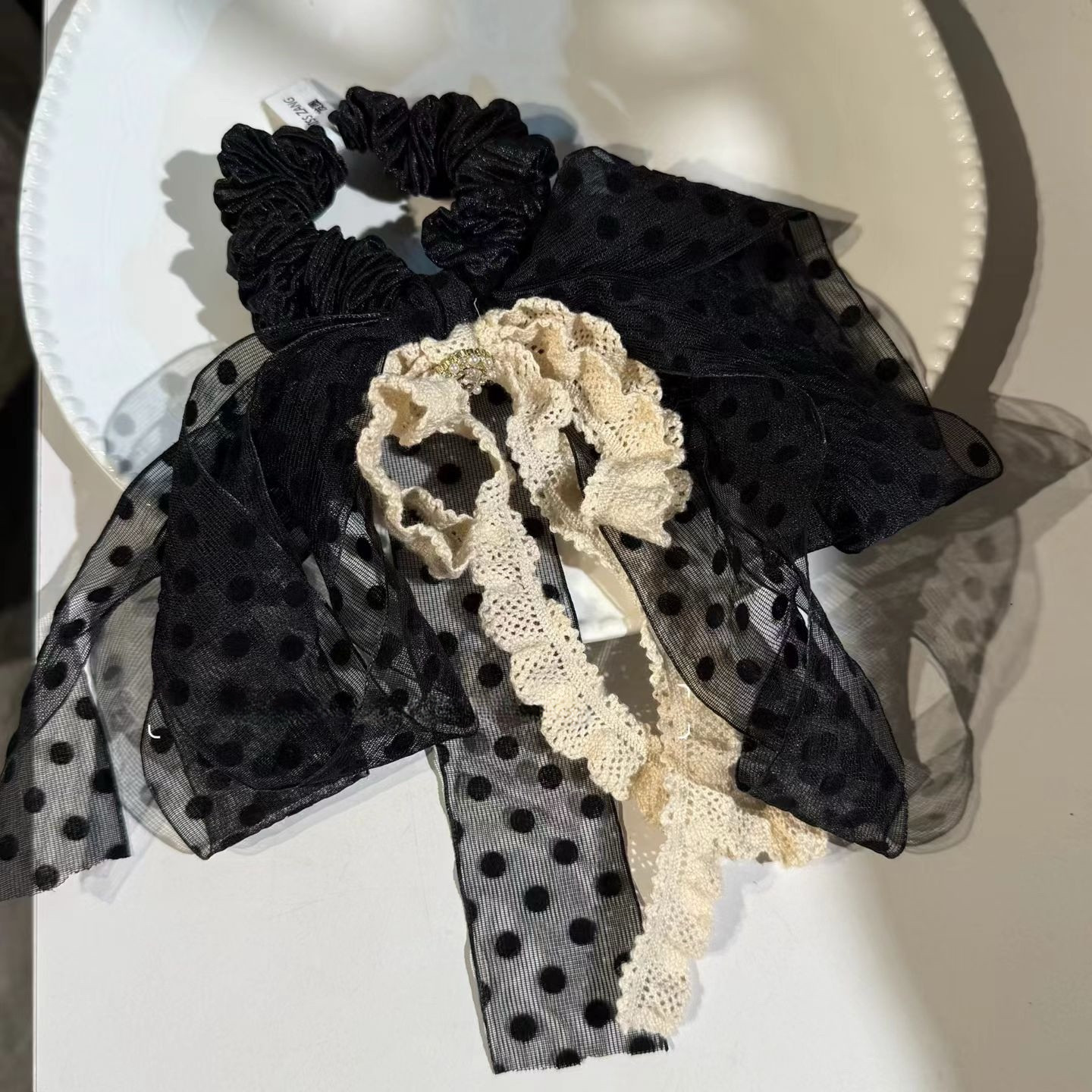 韩国东大门新款波点珍珠流苏蕾丝飘带大肠发圈皮筋女扎头发饰头绳