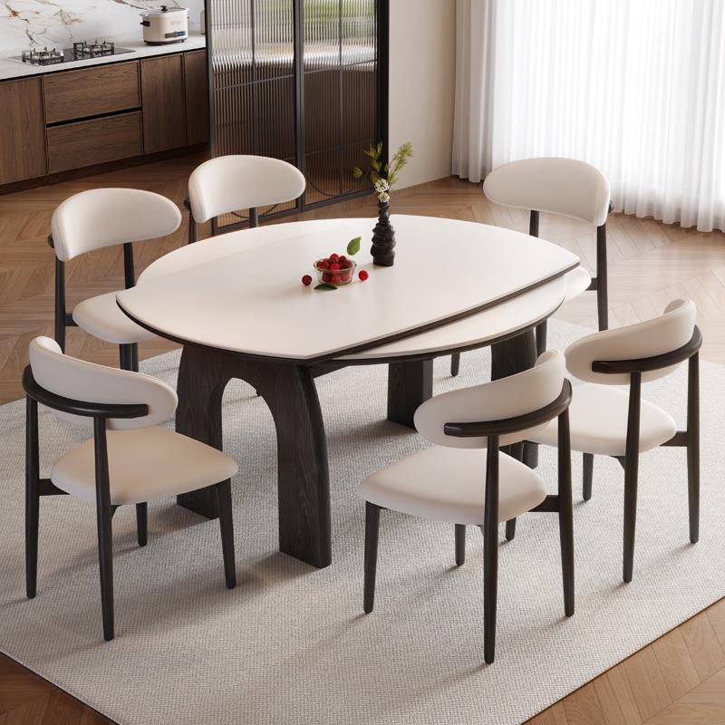 法式实木岩板餐桌可伸缩现代简约方圆两用家用小户型折叠可变圆桌