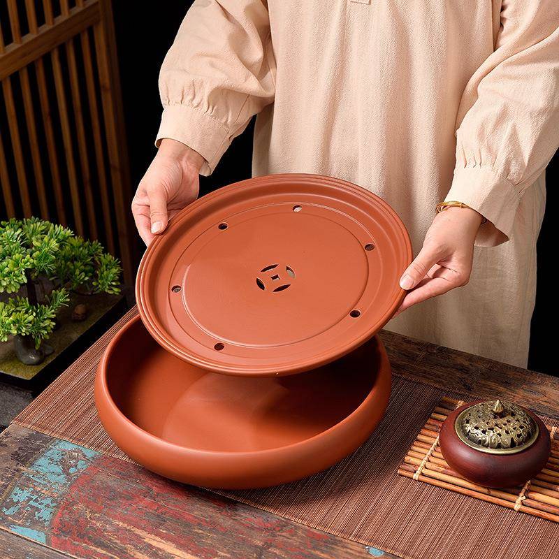 潮州朱泥手拉茶盘传统家用大小圆形紫砂茶船储水干泡台茶海茶台