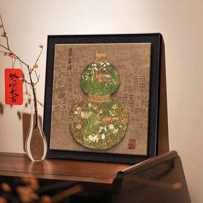 复古风葫芦玄关装饰画新中式九鱼图入户门壁画荷花走廊正方形挂画图片