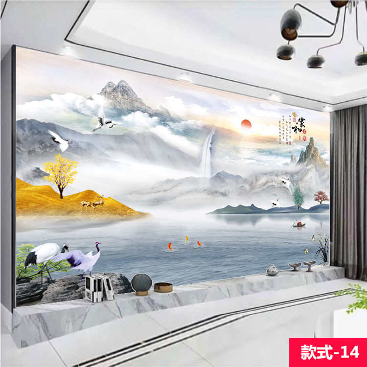 2024新中式客厅电视背景墙壁画壁纸8D壁布大气网红山水画墙纸墙布