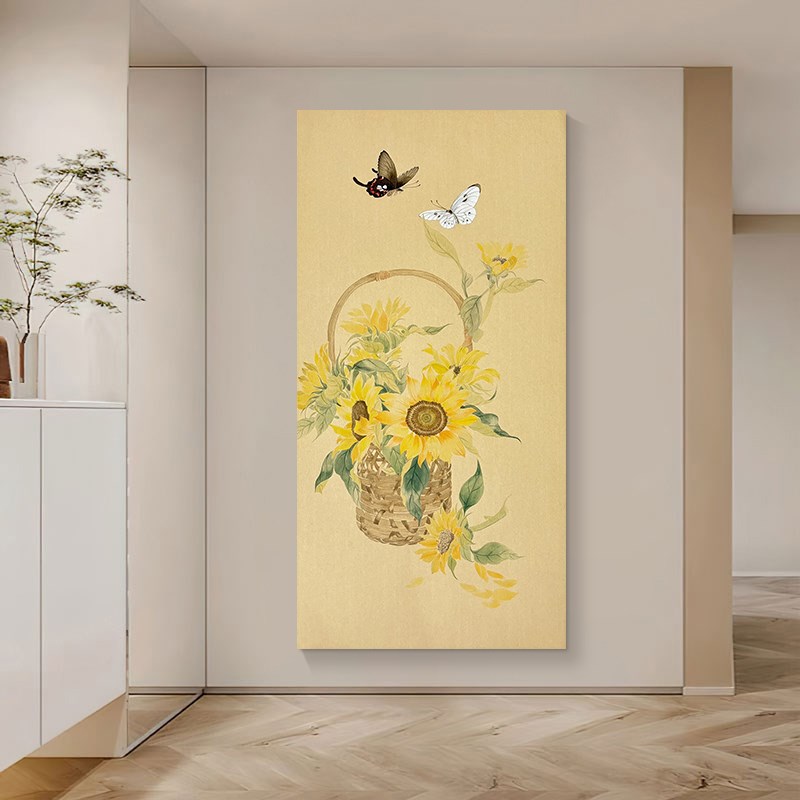 植物花卉中古风手绘油画蝴蝶向日葵玄关装饰画大芬村中式客厅挂画图片