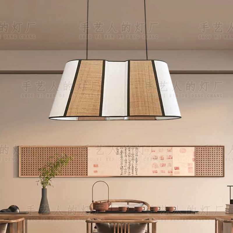新中式创意餐厅吧台拉菲草日式侘寂风复古中古餐桌民宿咖啡店吊灯