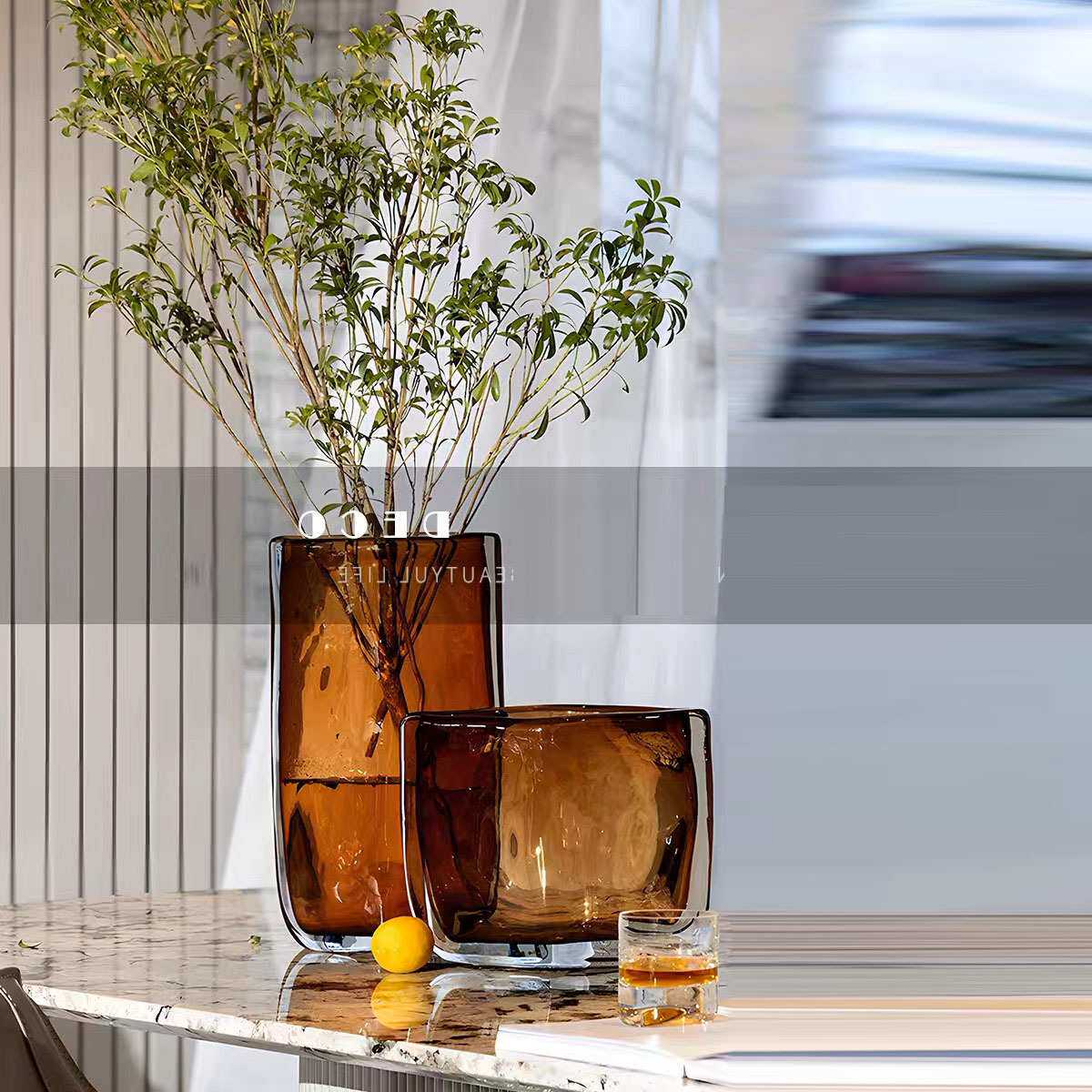 UNUSUAL 琥珀色轻奢琉璃扁形花器样板房间客厅酒店橘红色花瓶摆件