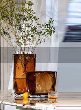 UNUSUAL 琥珀色轻奢琉璃扁形花器样板房间客厅酒店橘红色花瓶摆件