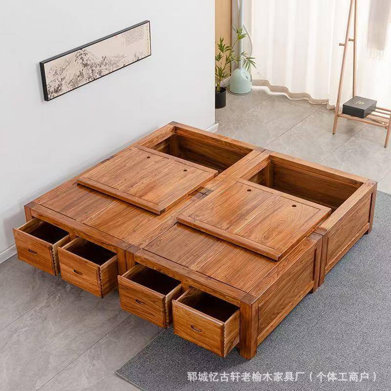 【折扣价】中式老榆木卧室双人床实木榻榻米榫卯结构高箱储物床民