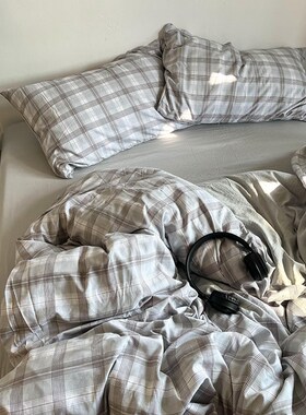 日式简约黄色小格水洗棉四件套软糯全棉被套床单人学生Z宿舍三件