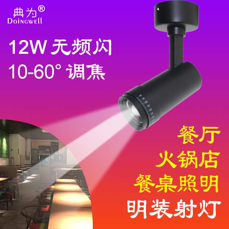 典为LED轨道射灯餐厅餐桌照明12W可调焦距10-60度火锅店明装射灯