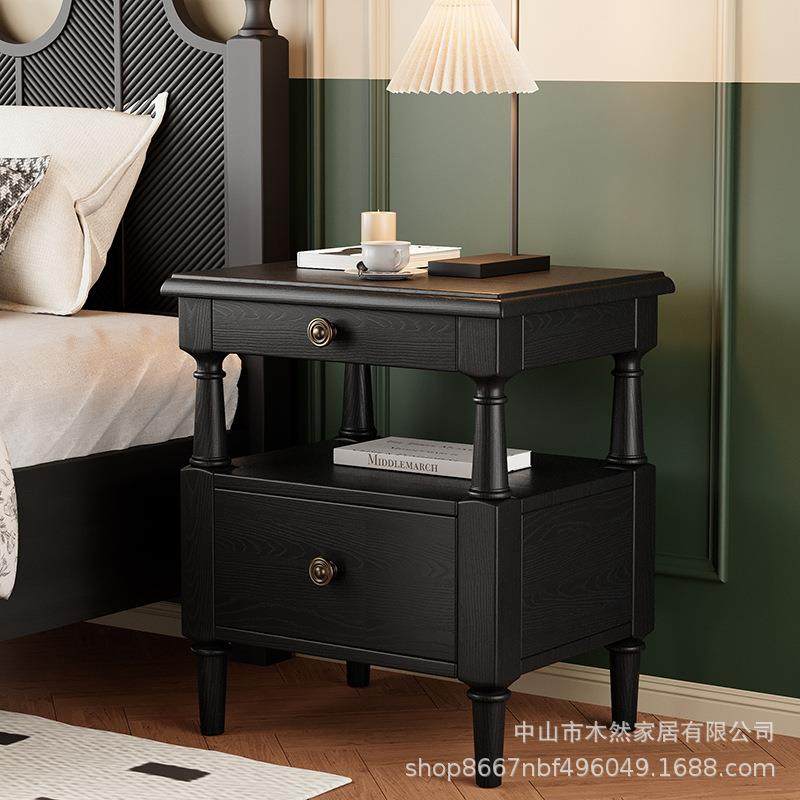 法式新款中古风床头柜白蜡木主卧室全实木床头收纳柜复古床边柜子