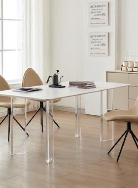 德利丰亚克力悬浮纯白色岩板餐桌岛台一体意式简约家用小户型饭桌