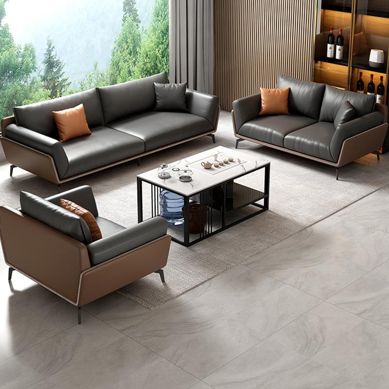 办公室沙发茶几组合商务洽谈贵宾接待单人简约真皮三人位办公沙发