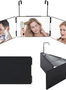 跨境新品家用可伸缩悬挂带灯三面镜折叠LED化妆镜男士理发镜