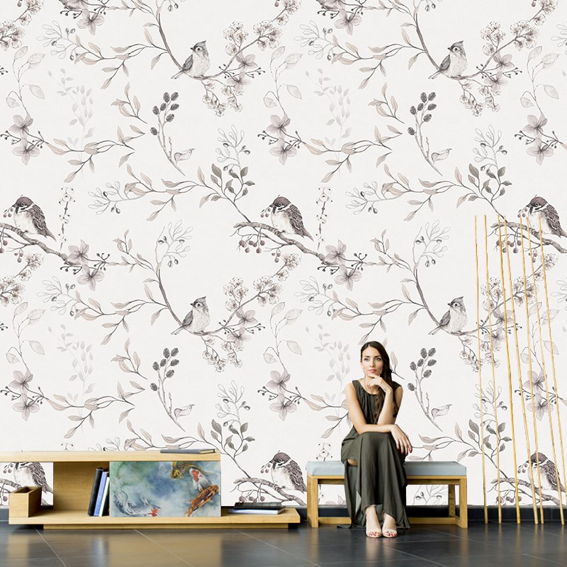 欧式田园植物素色花鸟壁纸无缝z墙布中式轻奢卧室客厅背景墙纸壁