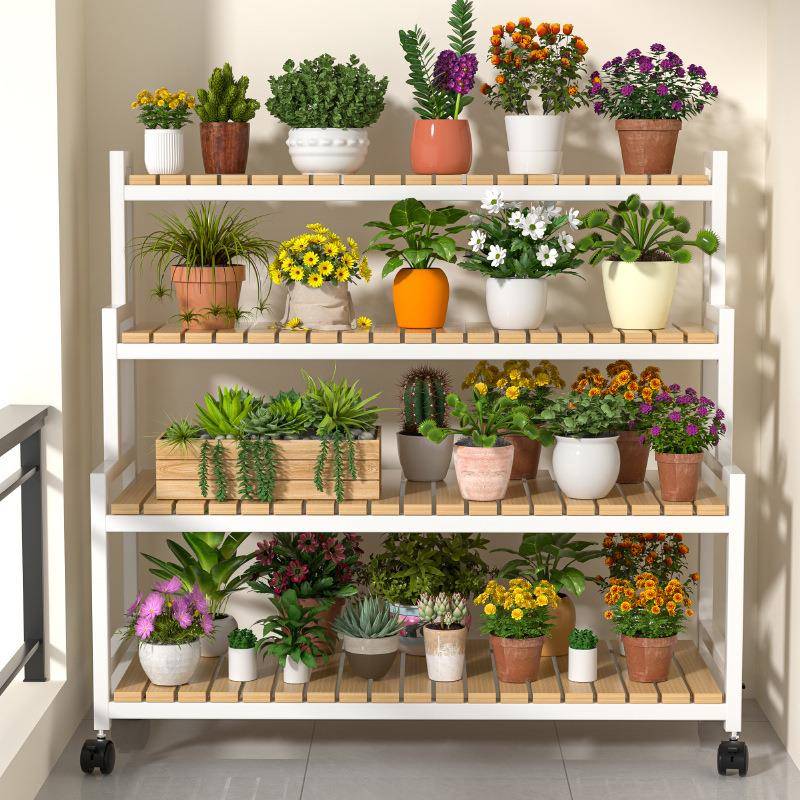 阳台花架子铁艺室内家用置物架可移动带轮简约现代花盆架厂家