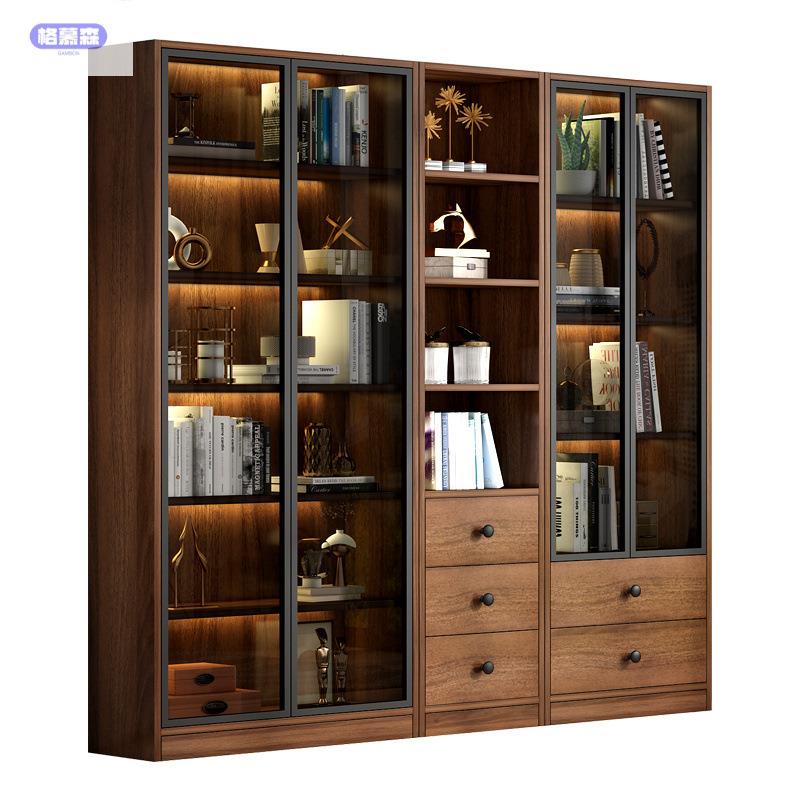轻奢全实木客厅展示柜一体整墙书架书柜带玻璃门落地靠墙储物柜子
