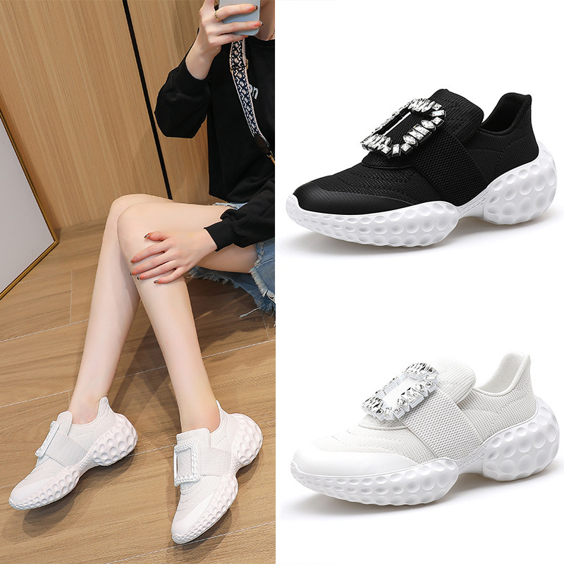 香港新款真皮休闲rv运动鞋女2025透气内增高厚底水钻方扣rv老爹鞋