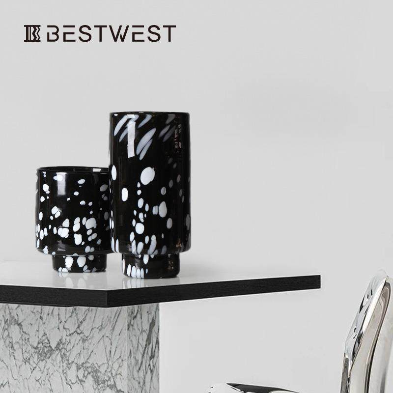 博西家居黑白水墨直筒柱状水培玻璃花瓶样板间花器软装饰品花器