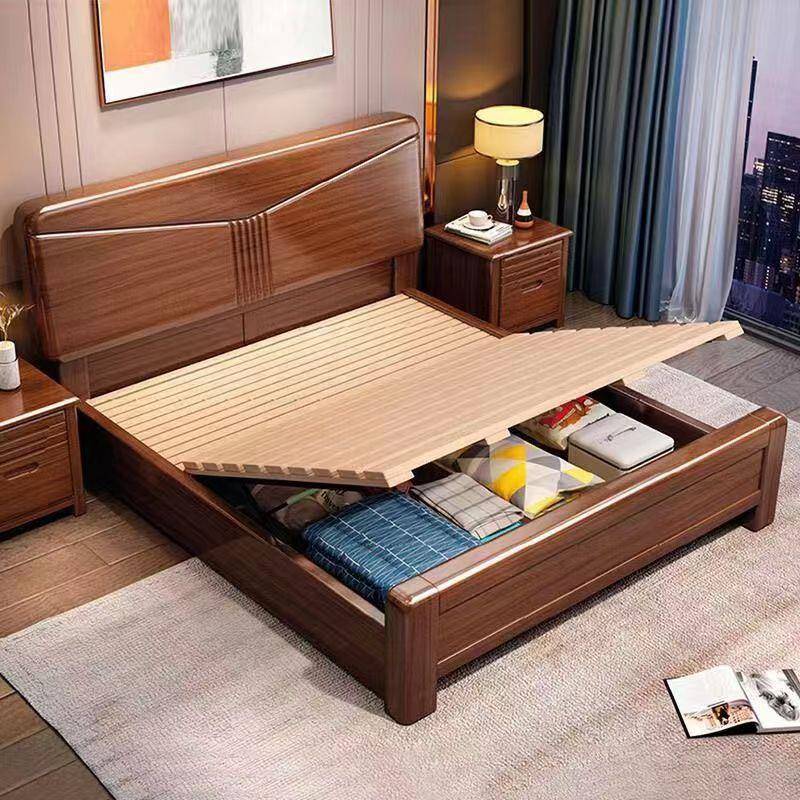胡桃木实木床1.8米主卧双人大床现代中式1.5米小户型高箱储物婚床