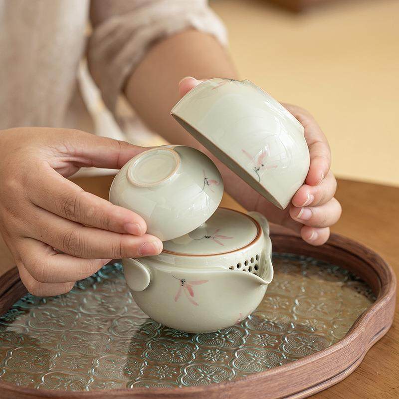 手绘粉色兰花快客杯女士单杯陶瓷家用釉下彩茶杯新中式冰台彩兰