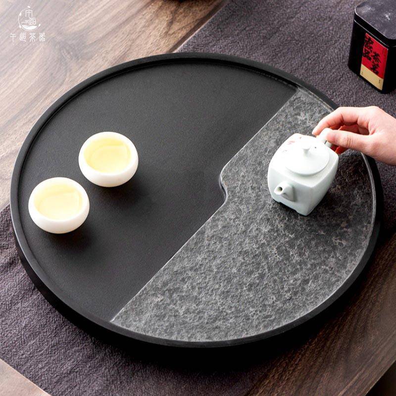 整块乌金石茶盘家用圆形现代排水天然创意茶海客厅简约托盘茶具