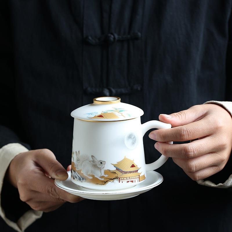 羊脂玉瓷素烧四件套办公杯大容量带盖茶水分离器个人茶杯马克杯