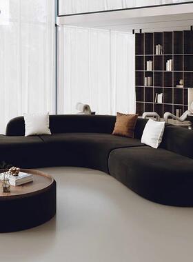 黑色转角L形沙发客厅轻奢极简异弧形美容院办公室大堂休息区接待