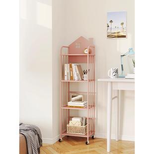 A9L桌边儿童放书包置物架可移动阅读铁艺书架带轮书柜收纳存放架