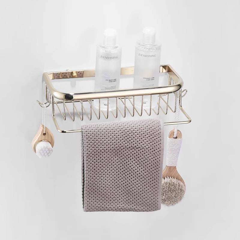 金全铜角蓝单层浴室置物架淋浴房洗澡间壁挂四方网篮带杆收纳角篮