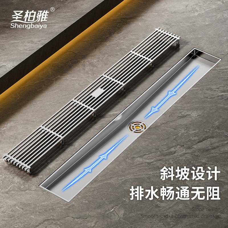 带斜坡排水淋浴房地漏 浴室加长条型304不锈钢防臭地漏长方形竹排