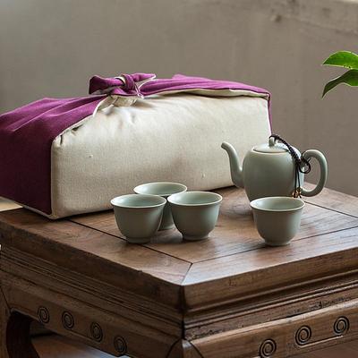 汝道汝窑茶具套装家用中式开片可养汝瓷茶具旅行便携布包一壶四杯