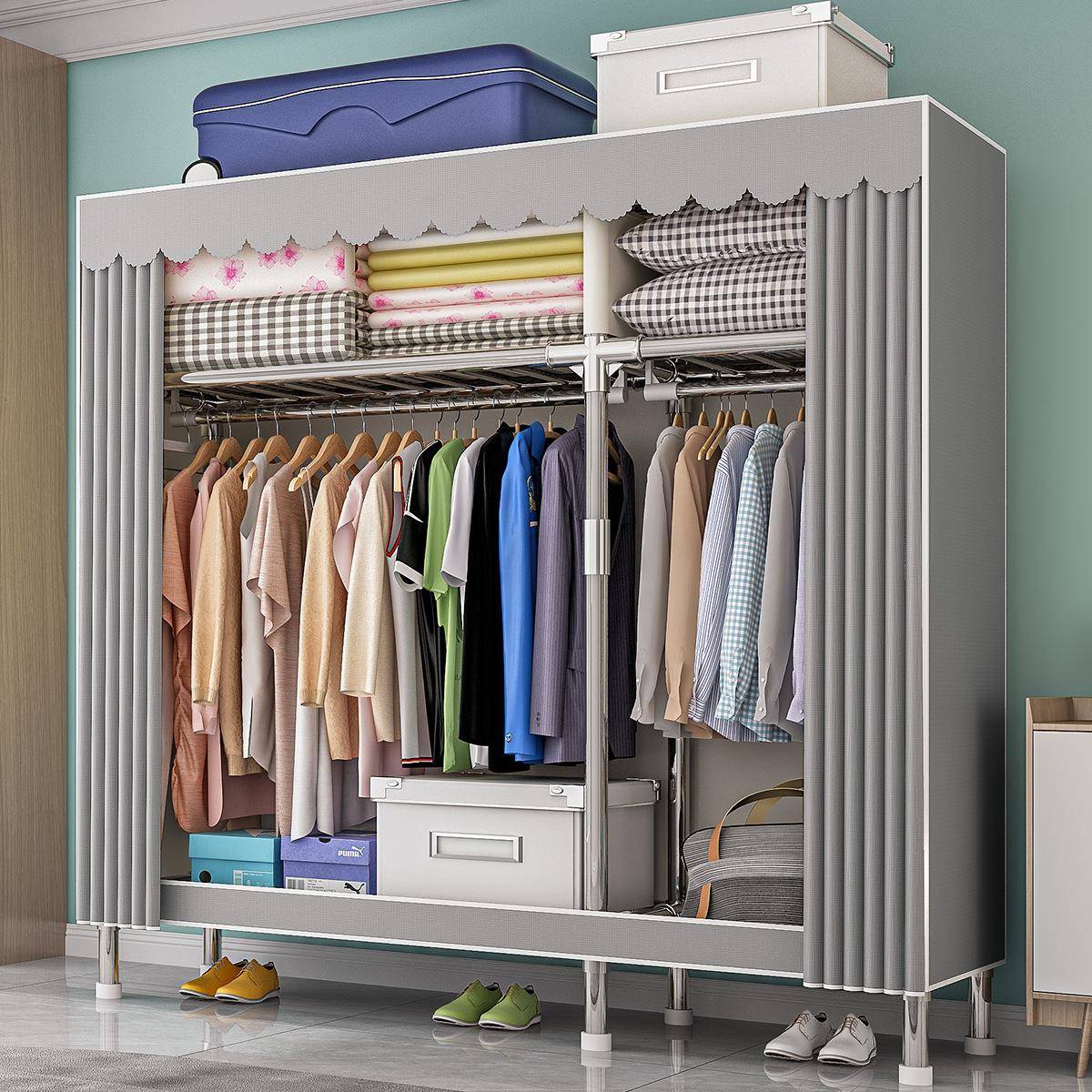 【折扣价】家用卧室出租房宿舍全钢架加粗加厚组装大容量简易衣橱