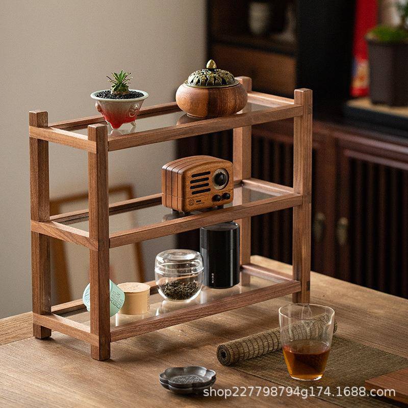 【折扣价】黑胡桃玻璃置物架实木茶具茶壶收纳架桌面小型茶台多宝