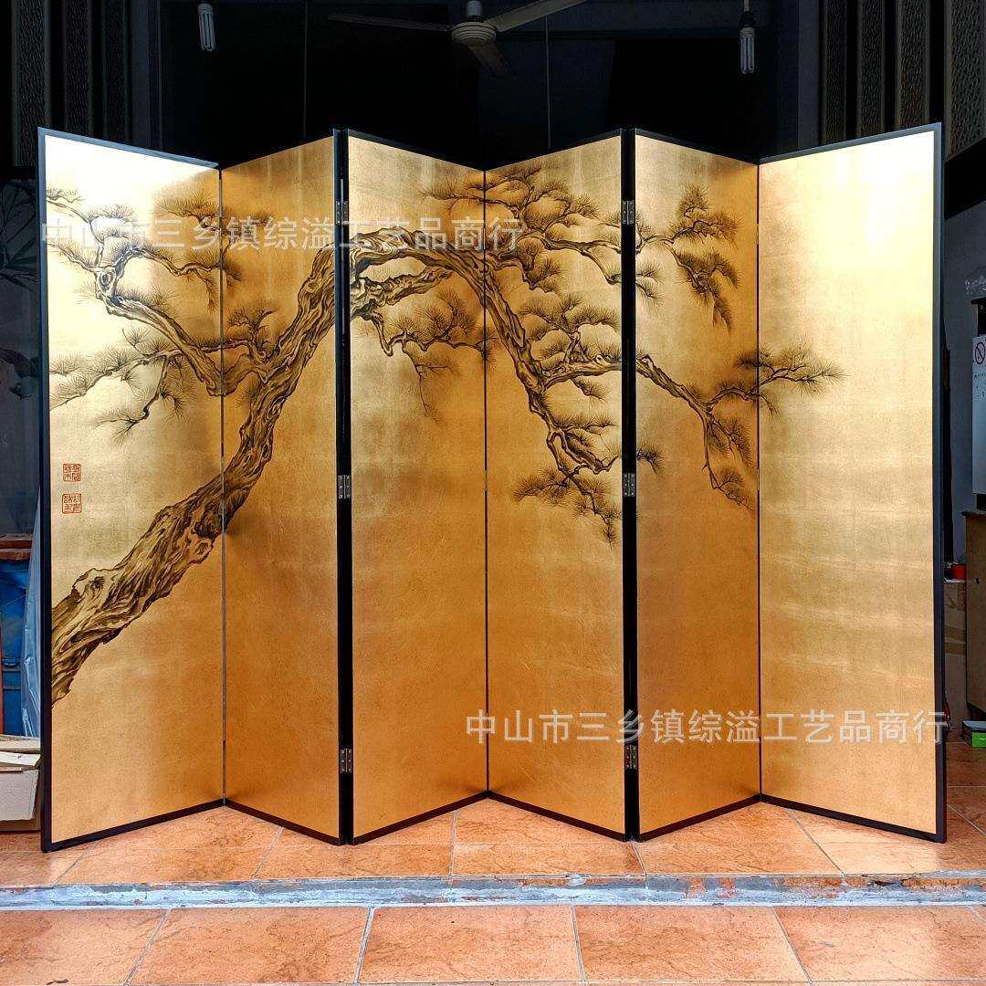 金箔手绘迎客松古松中式办公室会议室实木背景隔断可移动高端屏风