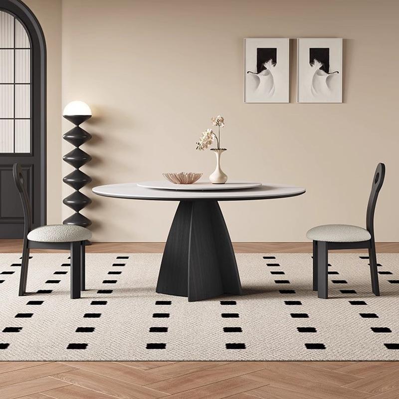 意式极简圆形实木餐桌小户型带转盘现代简约中古风岩板圆桌家用