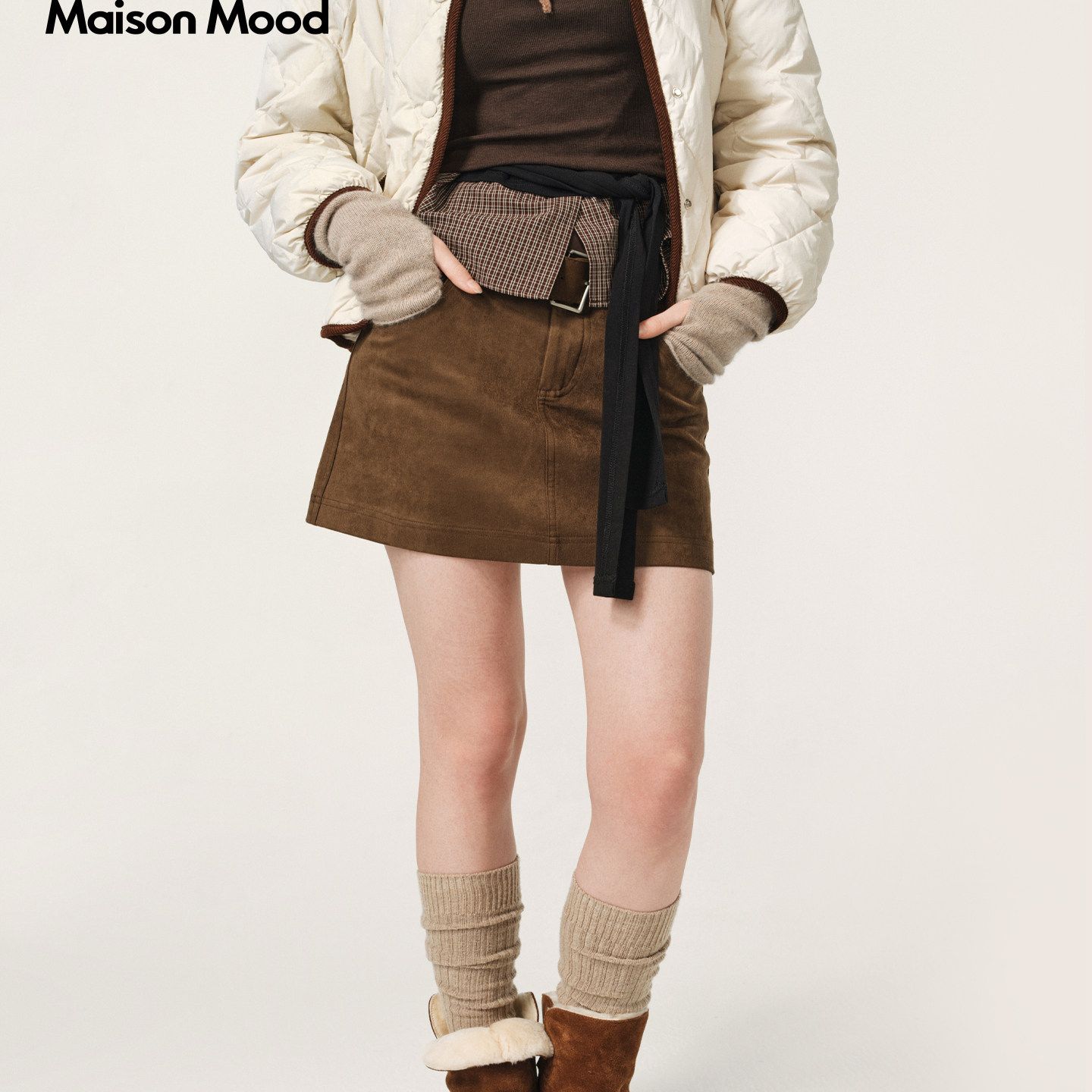 Maison Mood短裙2026年新款复古麂皮绒面a字半身裙小个子显瘦裙女